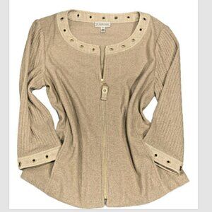 St John Sport Santana Knit Beige Zip Shacket  Sz M Gold Grommet Pockets #222M